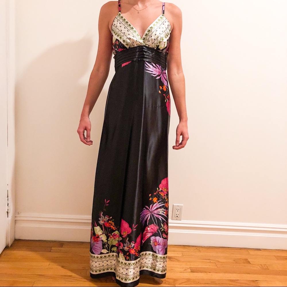 Boho Silky Black Floral Maxi Dress - Size M | Formal Prom Bridesmaid Long Gown - Picture 2 of 9